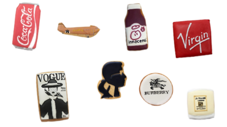 Collection of branded cookies with various companies' logos on a white background