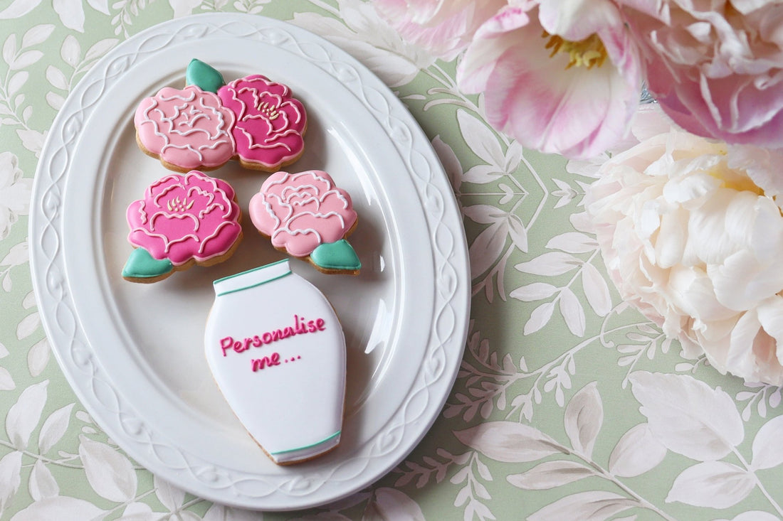 Hand-iced Peony Letterbox Biscuits by Biscuiteers, perfect for personalised gifts and surprise celebrations.