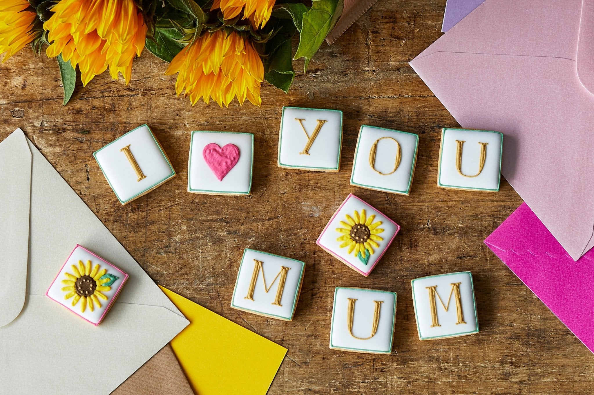 "I Love You Mum" letterbox biscuits by Biscuiteers, perfect for Mother's Day or personalised gifts, hand-iced with love.