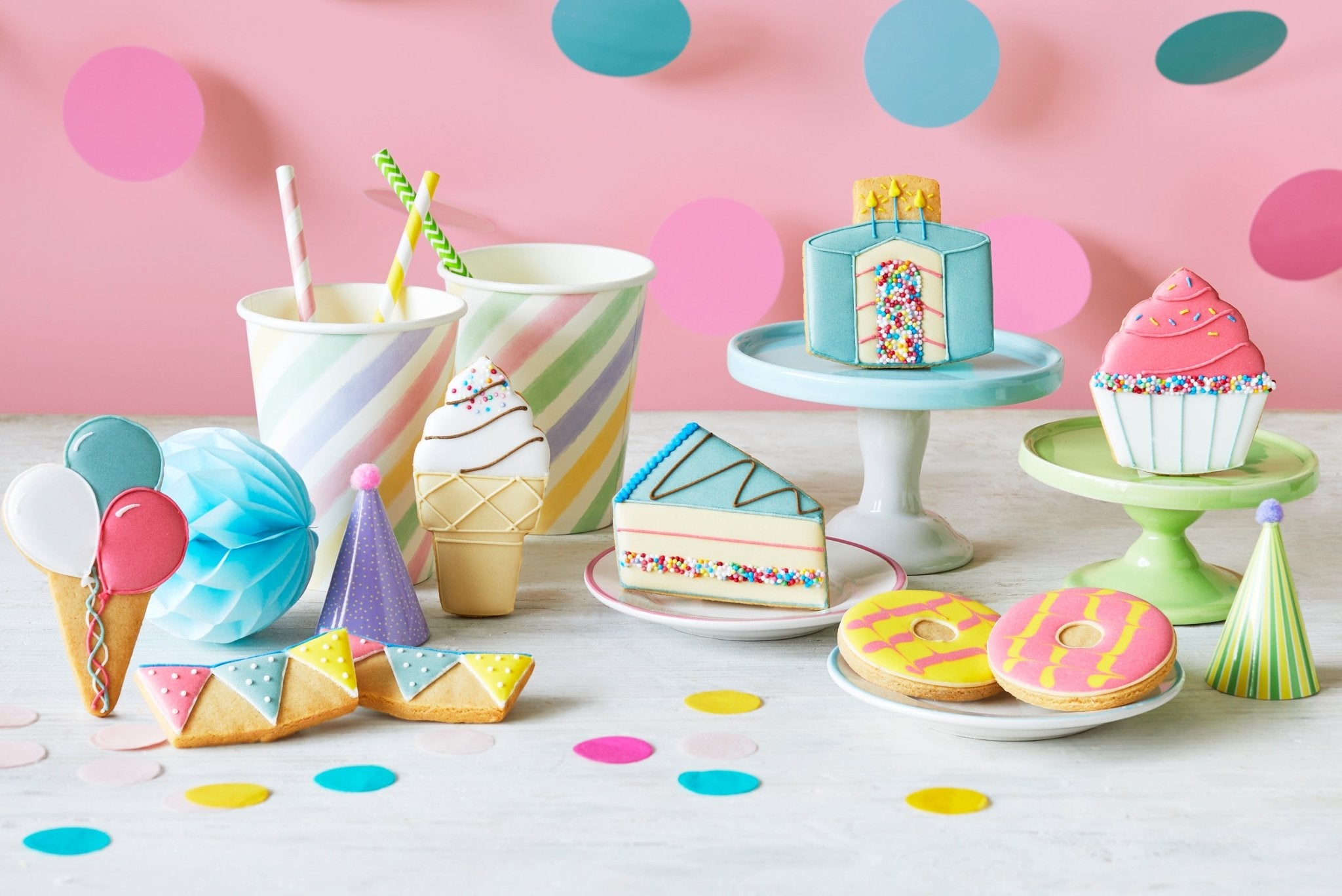 Biscuiteers Happy Birthday treats: hand-iced biscuits, perfect for last-minute, personalised gifts with next day delivery.