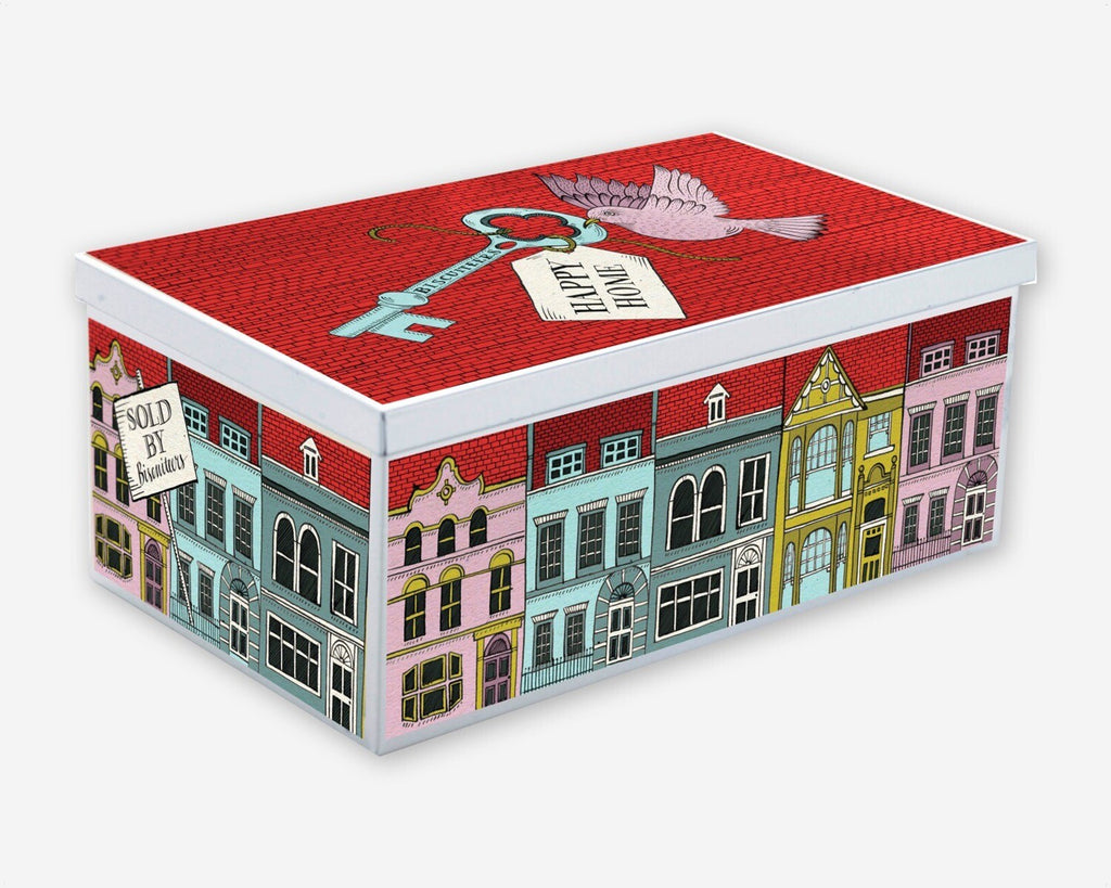 Hand-iced New Home Gift Box biscuits, perfect personalised gift in a decorative biscuit tin for housewarming celebrations.