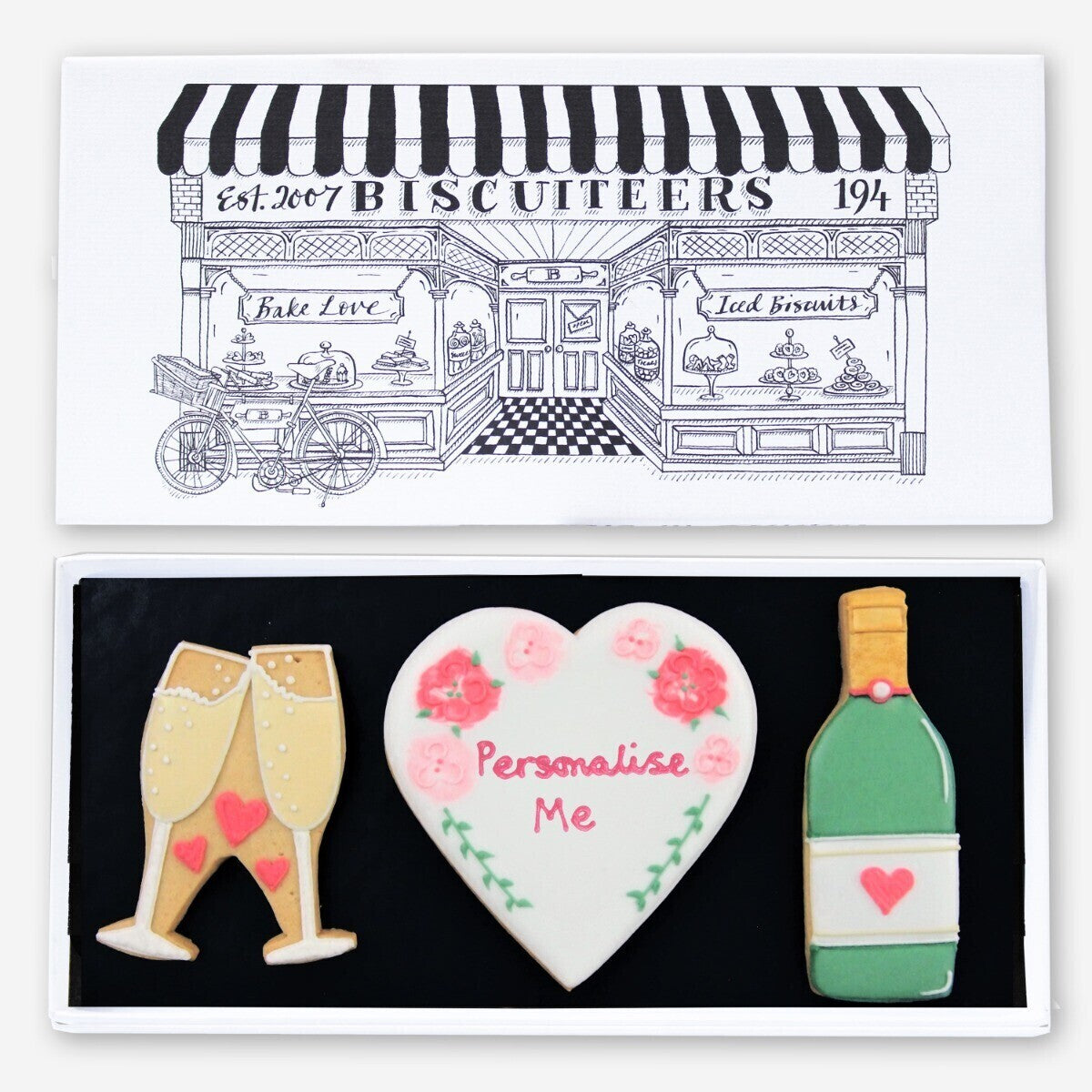 Hand-iced Wedding Mini Gift Box biscuits, perfect personalised gift for newlyweds, in a charming biscuit tin.