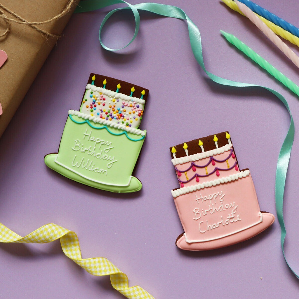 Hand-iced personalised green birthday cake biscuit, perfect birthday gift, fits in letterbox, ideal for any recipient.