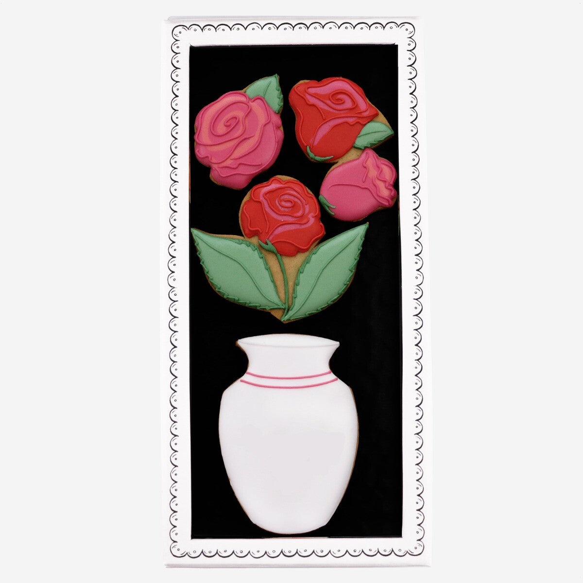 Hand-iced Bunch Of Roses Letterbox Biscuits, perfect personalised birthday gift, beautifully presented in a biscuit tin.