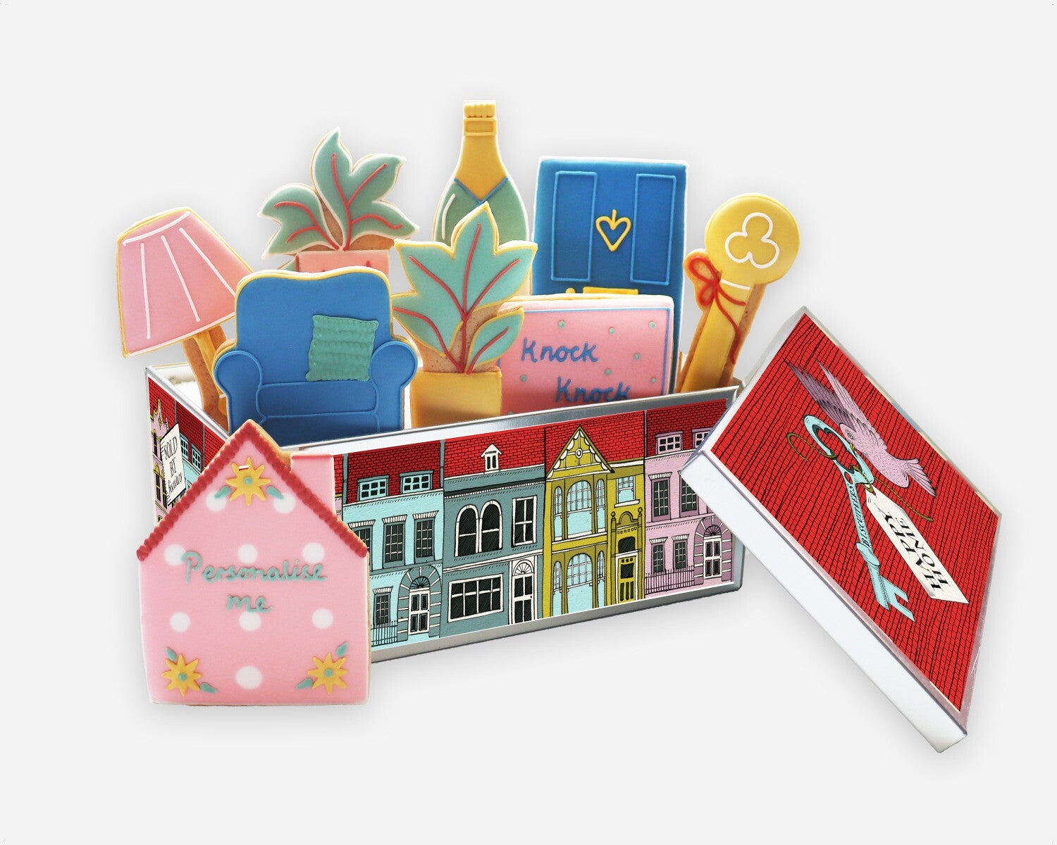 New Home Luxury Gift Box with hand-iced biscuits, perfect personalised gift or biscuit tin gift for new homeowners.