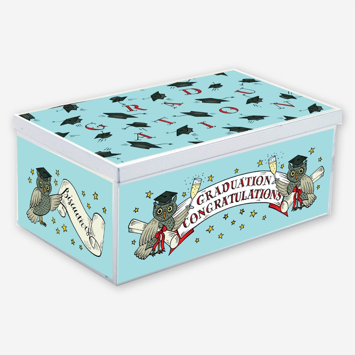 Hand-iced Graduation In A Box biscuits, perfect personalised gift in a decorative biscuit tin for celebrating achievements.