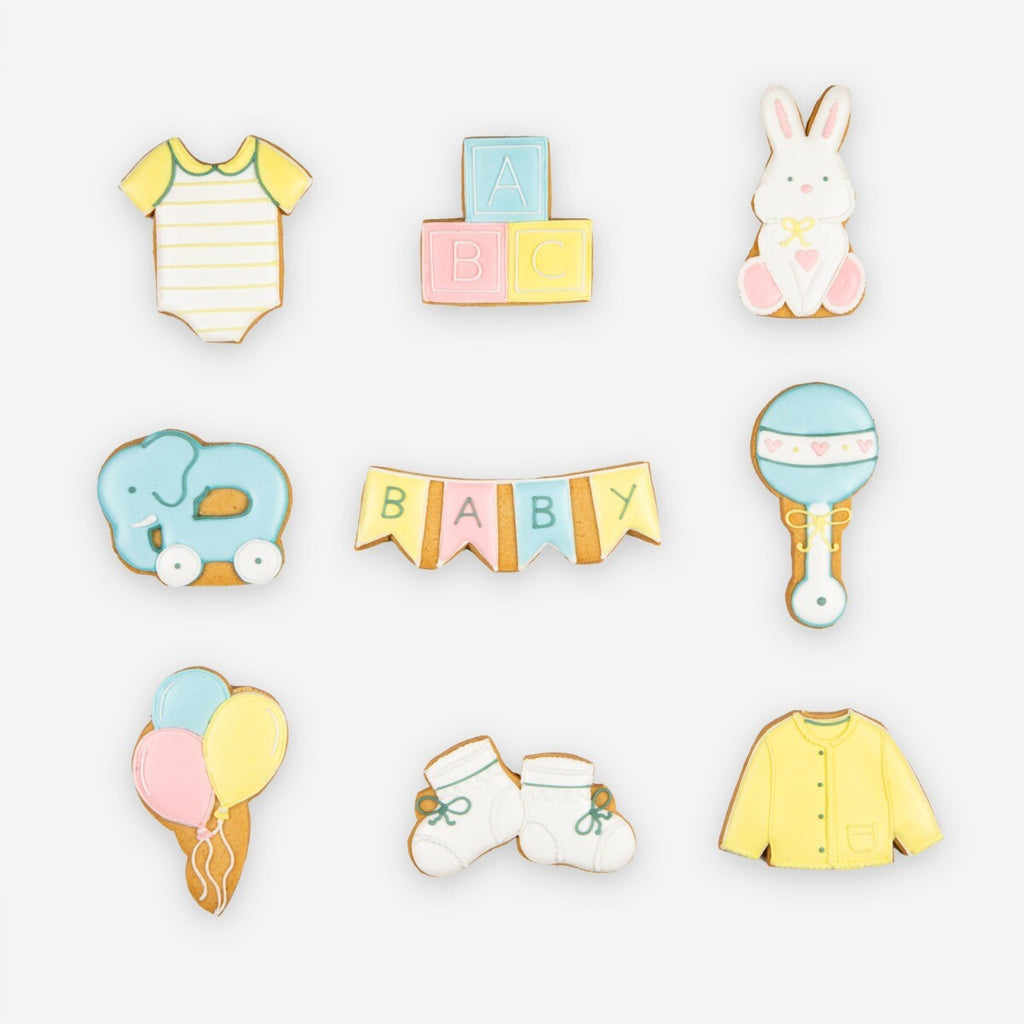 Hand-iced Baby Shower Biscuit Tin, perfect personalised gift for new parents, featuring adorable themed biscuits.